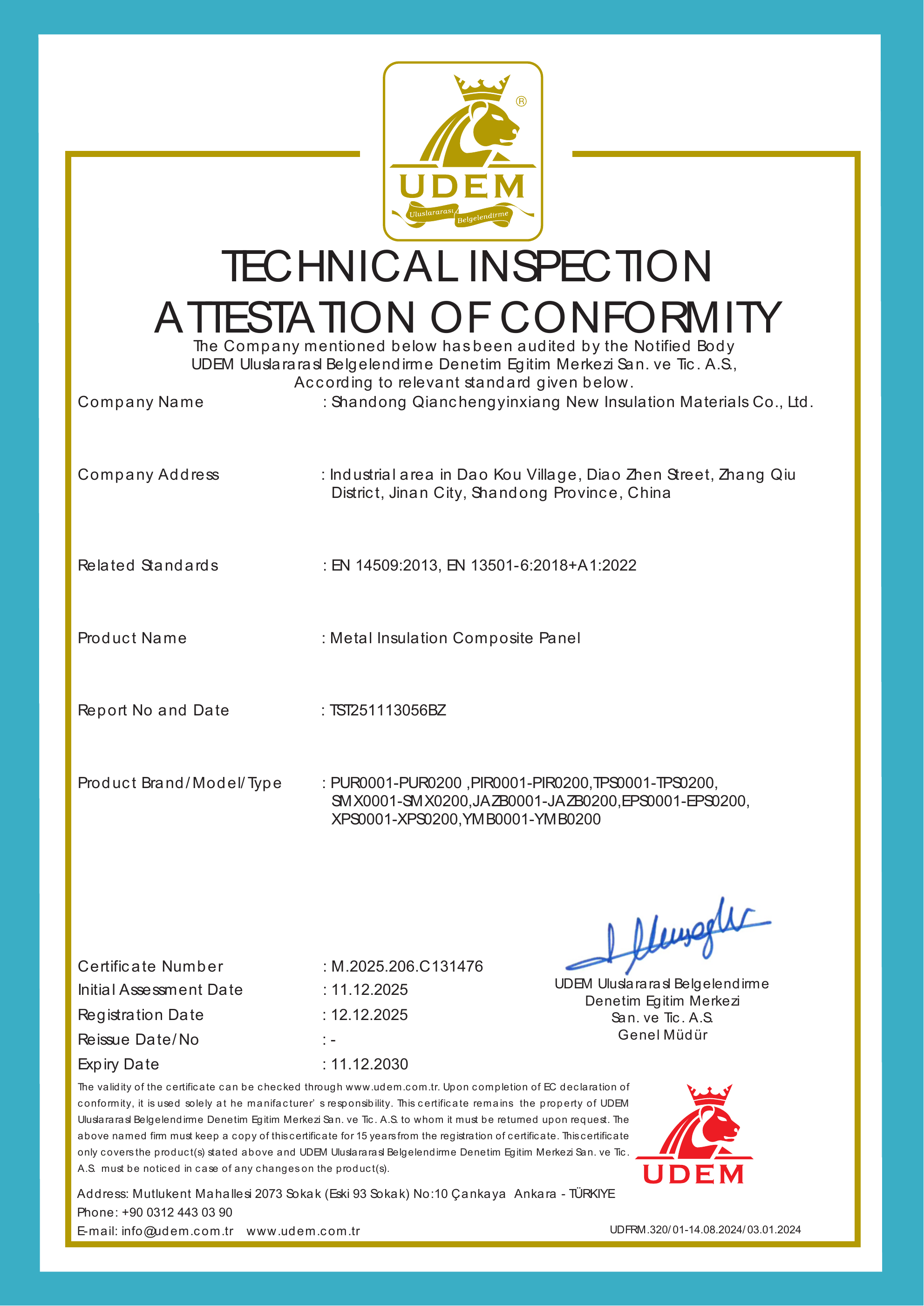 Clear supplier technical inspection attestation of conformity for metal insulation composite panels