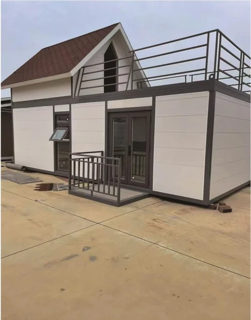 Light exterior panels and a pitched roof on a compact building