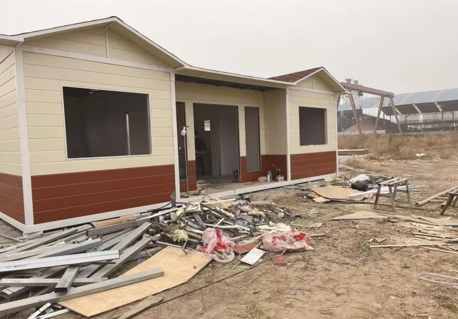 Modular building exterior during installation