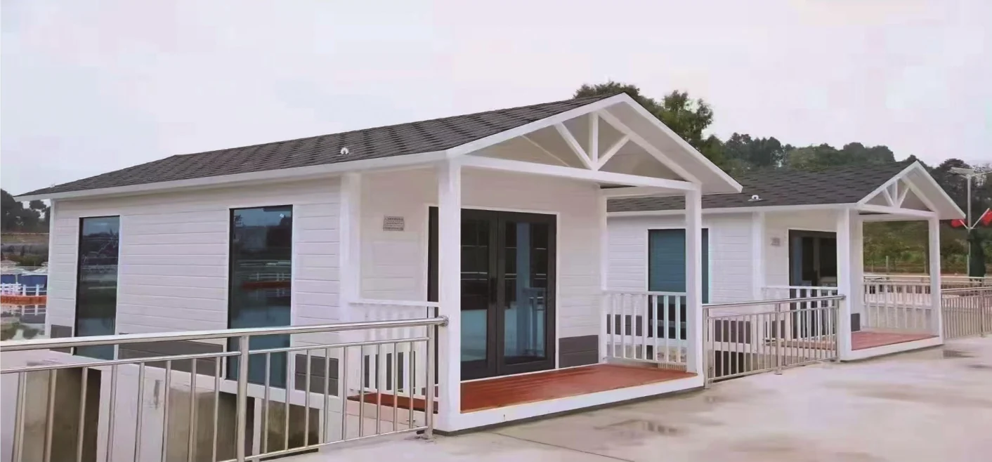 Light colored modular homes with porches and railings