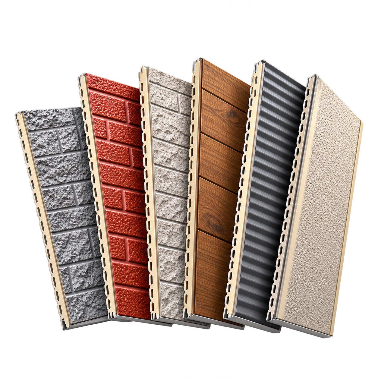 A compact fan of decorative metal panels with brick, stone, wood and linear finishes; material illustration